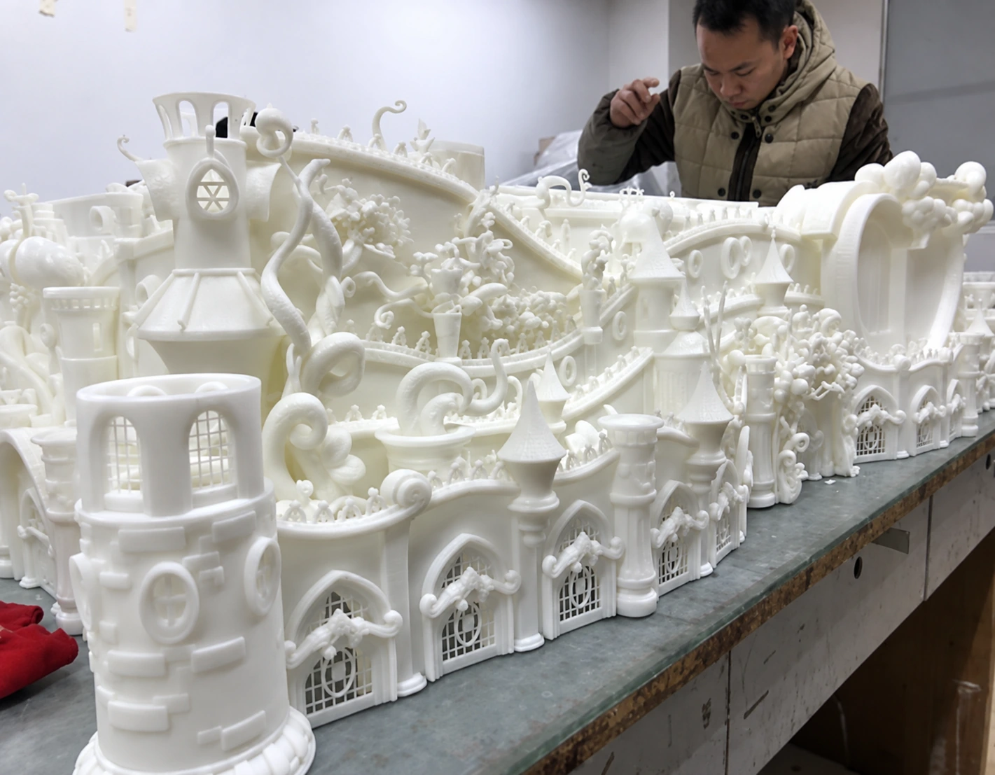 AI-refined workshop photograph of intricate white architectural model parts before painting