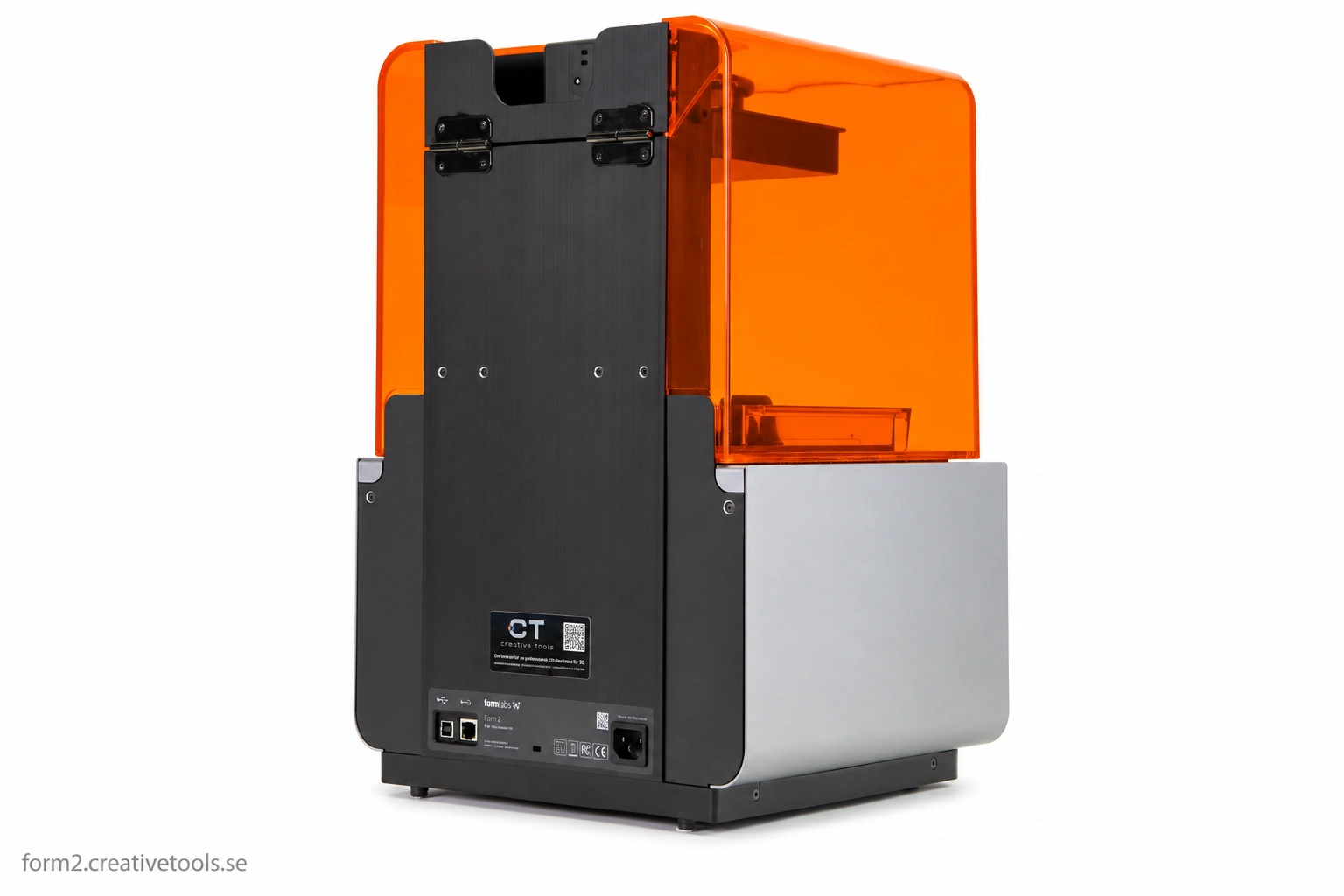 Real Formlabs Form 2 SLA printer with orange enclosure — AI-refined reference photograph